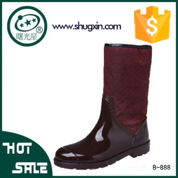 women red leather over knee rain boots with fur lining B-888